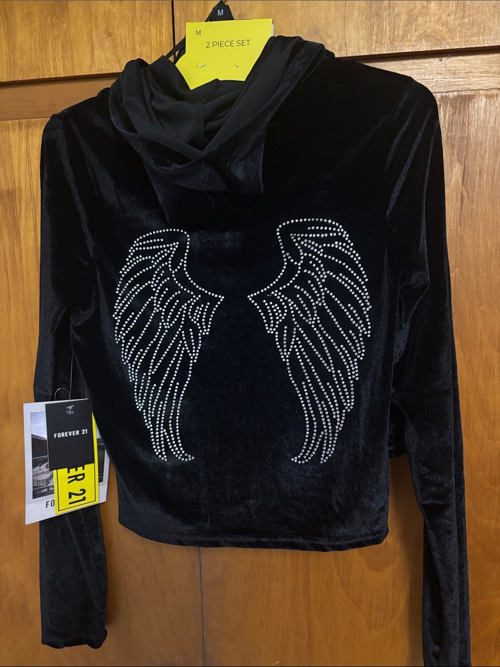 NWT Forever 21 Black Velvet Hoodie with Rhinestone Wing Back matching skirt